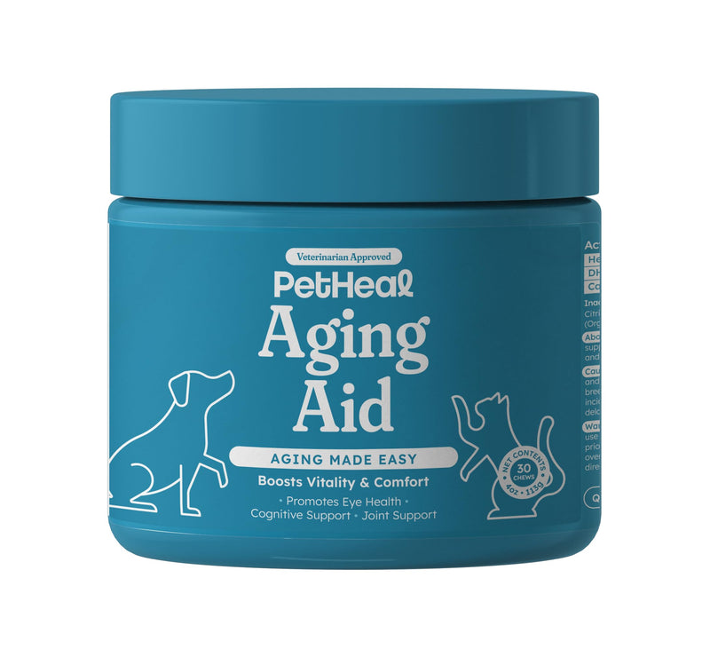 PetHeal Aging Aid Chews for Senior Dogs - Vet-Reviewed - Supports Joints, Energy & Vision with Hemp, DHA, Blueberry & Spinach | Fights Inflammation & Promotes Vitality | 30 Pork-Flavored Soft Chews