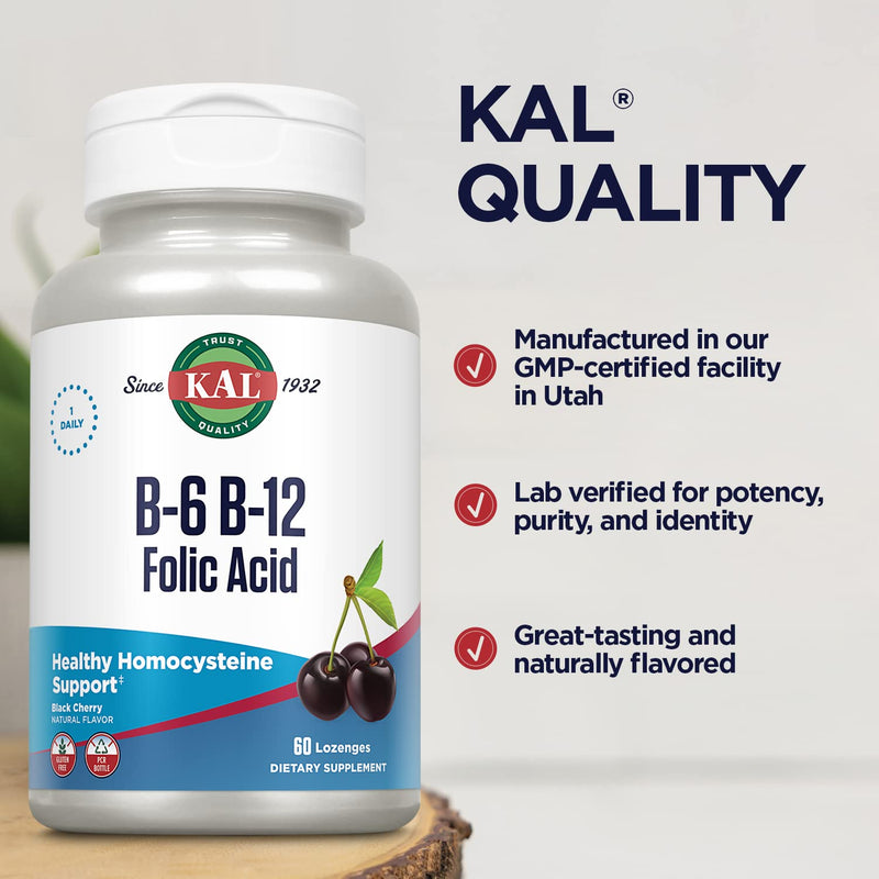 KAL Vitamin B-6 B-12 Folic Acid Supplement, B Vitamins for Healthy Energy, Heart & Red Blood Cell Support, w/Vitamin B12 Methylcobalamin and Folate, Natural Cherry, Gluten Free, 60 Serv, 60 Lozenges