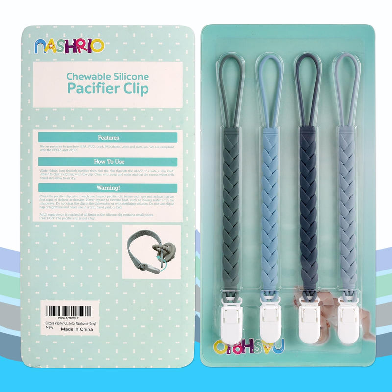Stylish Silicone Pacifier Clips 4-Pack for Baby Boys and Girls, Woven Rope Flexible Design, Rust-Free Holders for Teething Relief and Baby Essentials, Safe for Newborns (Grey) 4-Pack Weave, Grey
