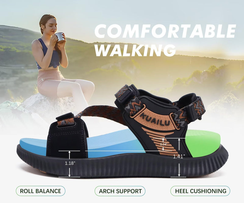 KuaiLu Womens Orthopedic Walking Sandals with Arch Support Recovery Cushion 8.5 Black Khaki