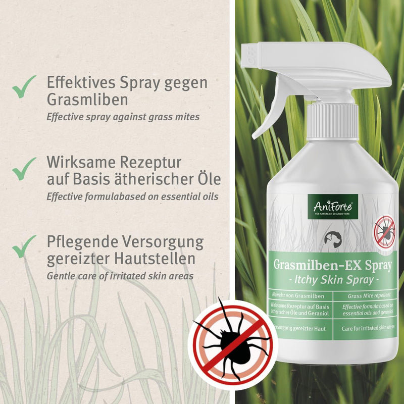 AniForte Grass Mite-EX Spray 500ml - Grass mite spray for dogs, effective & long-term defense against grass mites & parasites, soothes irritated skin & relieves itching