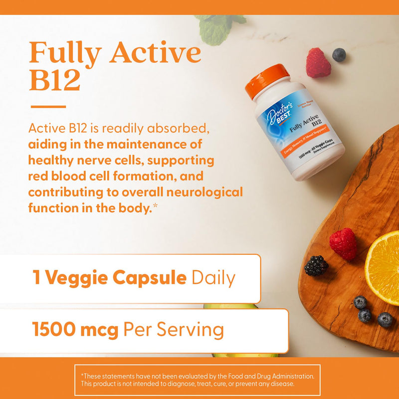 Doctor's Best Fully Active B12 1500 mcg, Non-GMO, Vegan, Gluten Free, Supports Healthy Memory, Mood and Circulation, 60 Count Unflavored 60 Count (Pack of 1)