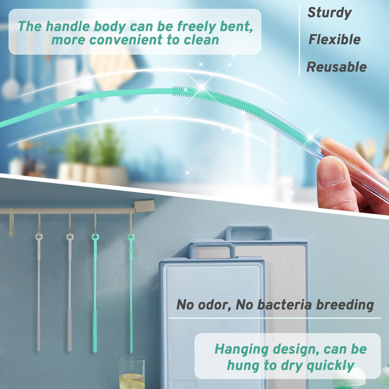 Reusable Silicone Straw Brush,Straw Cleaner,Pipe Cleaners,Extra Long Cleaner Brush for Cleaning Bottle Metal Glass Straws Drink Lid,Straw Cover,Smoothie Straw,Drinking Mint Green 6mm+8mm - BeesActive Australia
