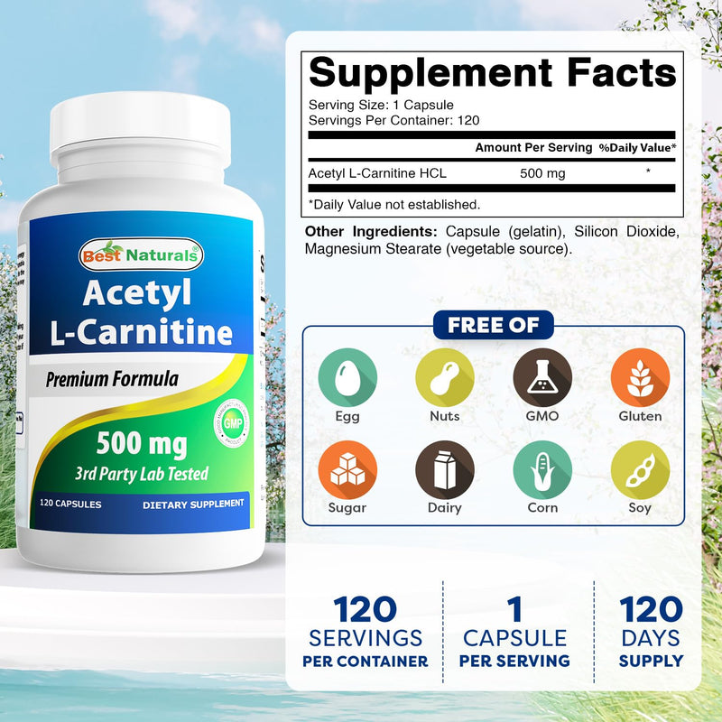 Best Naturals Acetyl L-Carnitine (ALCAR) 500mg, 120 Capsules, 120 Servings - Non-GMO and Gluten Free, 1 Capsule per Serving (3 Pack) 120 Count (Pack of 3)