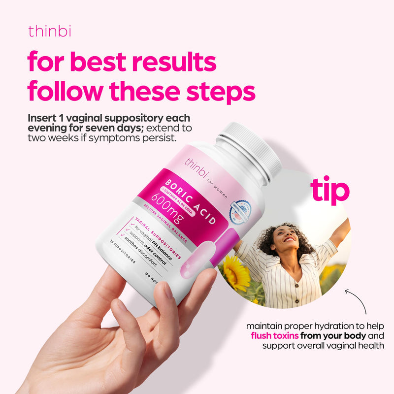 Thinbi Boric Acid Suppositories for Women w/Aloe Vera - BV Treatment & PH Balance for vaginosis Treatment - to Support Intimate Health w/Clinically Studied Boric Acid 30 Count - BeesActive Australia