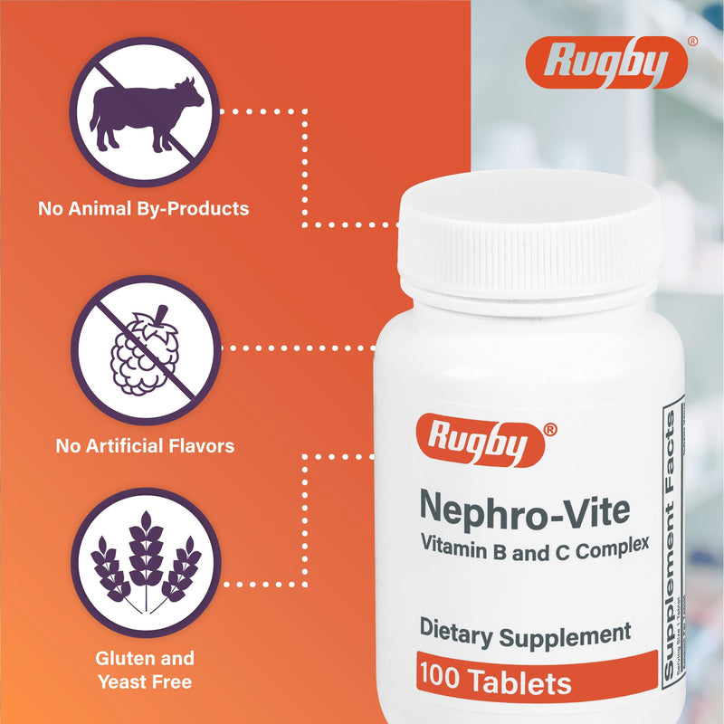 Rugby Nephro-Vite Vitamin B and C Complex Tablets, 100 Count (1-Pack) | Gluten Free Dietary Supplement for Adults with 60 Mg of Vitamin C, and 10 Mg of Vitamin B6 100 Count (Pack of 1)