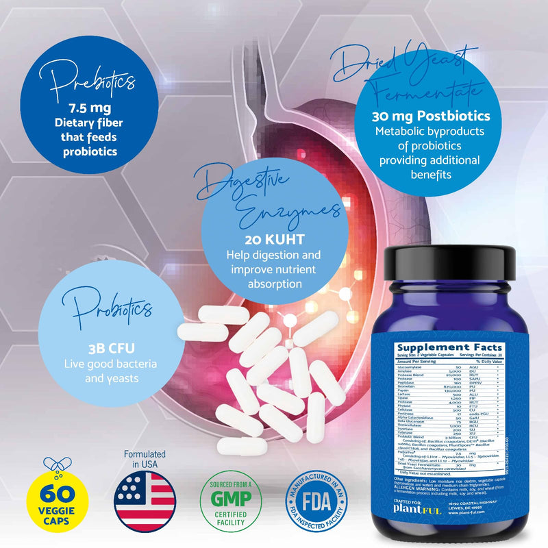 4-in-1 Pre Post Probiotics & Digestive Enzymes - Complete Gut Health & Digestive Support for Women & Men - Prebiotic Probiotic & Postbiotic Gas & Bloating Relief – 60 Non GMO Capsules