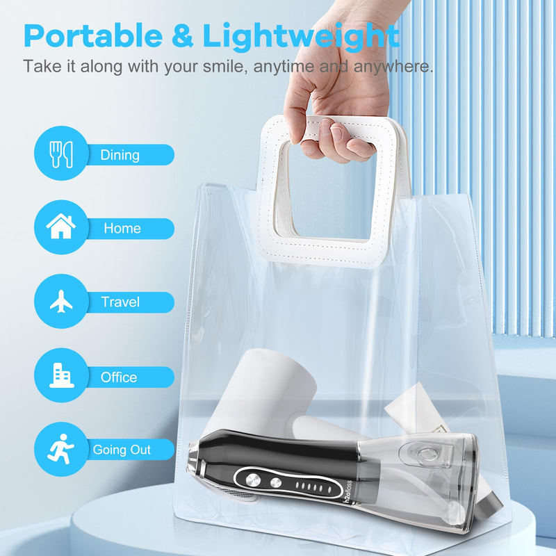 H2ofloss Water Dental Flosser Teeth Pick -Portable Oral Irrigator with 5 Modes, Rechargeable IPX7 Waterproof Orthodontic Teeth Cleaner Pick Cordless for Home Travel-300ml Water Tank Black
