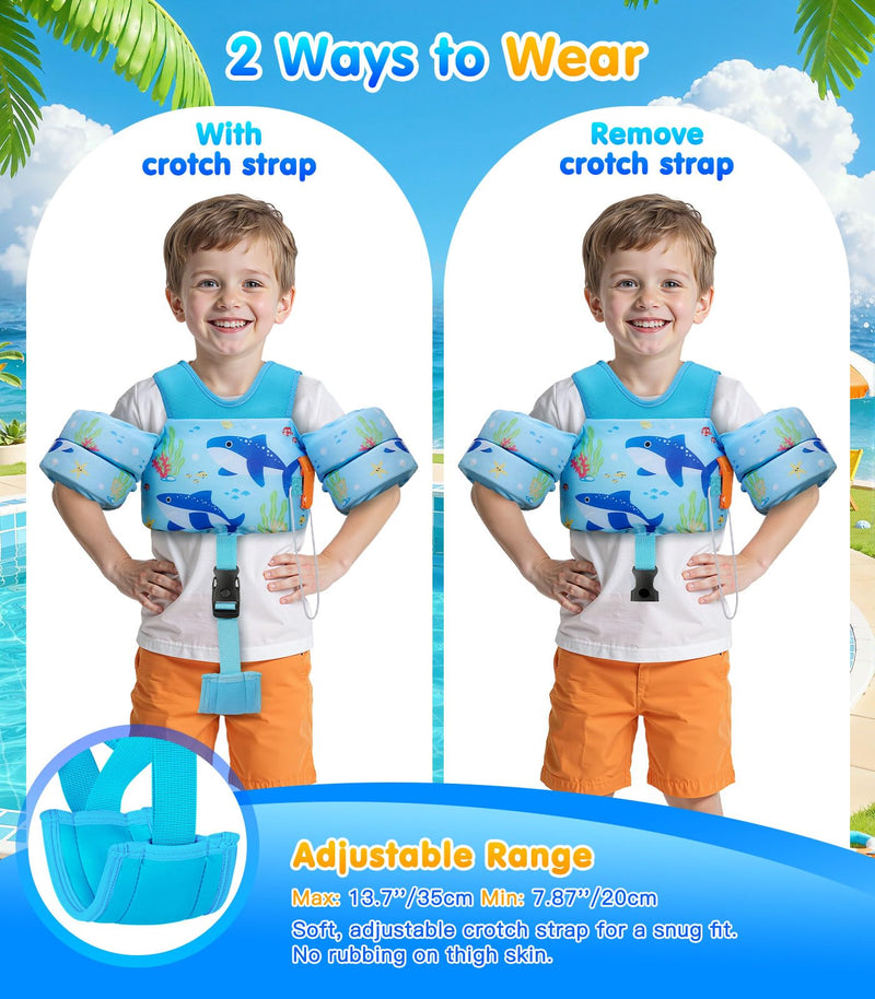 MoKo Toddler Swim Vest for 15-30-50-66 pounds, Boys Girls Swim Puddle Arm Floaties Cartoon Swimming Water Wings with Crotch Strap, Pool Floats Jacket Sleeves Shoulder Straps Arm Band for Toddler for kids 15-30 lbs Blue Twin Sharks - BeesActive Australia