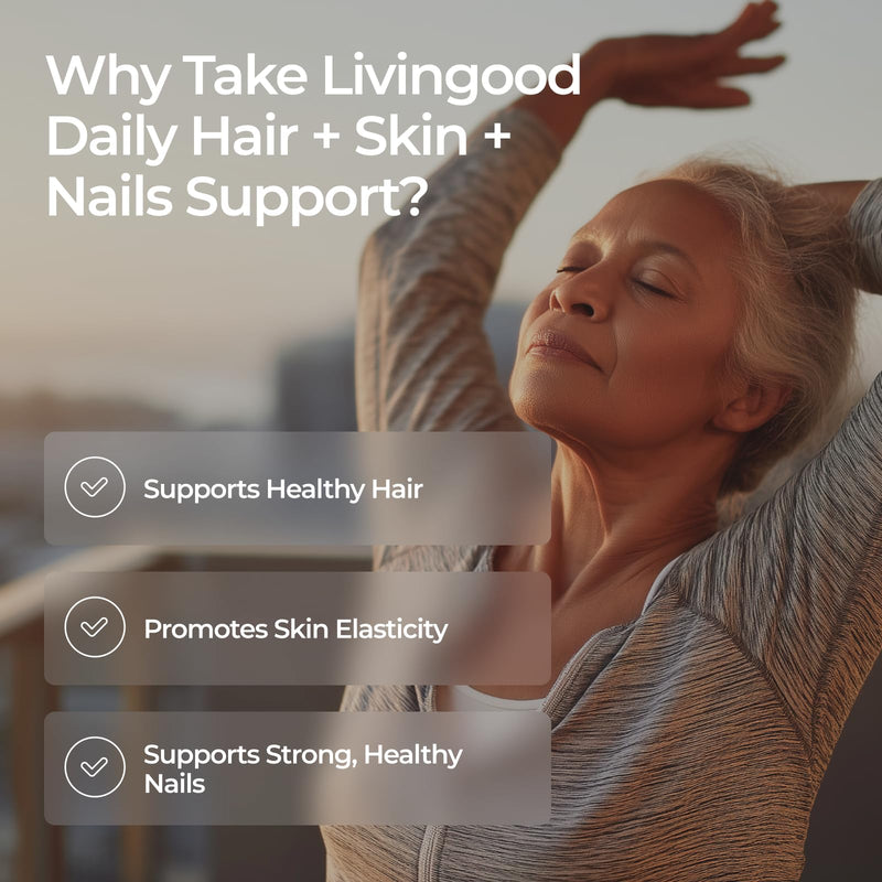Livingood Daily Hair, Skin & Nails Vitamins, Biotin + Collagen, 60 Capsules | 14-in-1 Supplement for Healthy Hair Growth, Clear Skin, and Nail Strengthener, Biotin + Collagen + Keratin, Made in USA