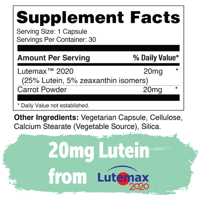 Yuve 20mg Lutein & Zeaxanthin Eye Health Supplement with Clinically Studied Lutemax 2020 Carotenoid Complex - Supports Dry Eyes, Fatigue & Vision Clarity - 30 Vegan Capsules