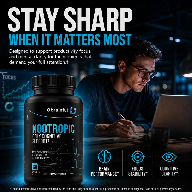 Nootropic Brain Support Supplement | Caffeine-Free Focus & Memory Formula with BCAAs, Bacopa & L-Theanine | Daily Cognitive Wellness & Mental Clarity for Adults | 60 Capsules