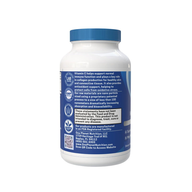 One Planet Nutrition Nano Vitamin C 250 mg Veggie Capsules (240 Servings), Ascorbic Acid from Lime Extract, Nano for Enhanced Absorption, Supports Collagen Production & Immune Health, Non-GMO, Vegan