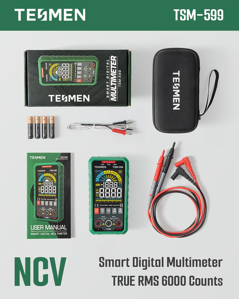 TSM-599 Smart Digital Multimeter, TRMS 6000 Counts, Voltage Tester, Volt Meter with NCV, DC/AC Voltage&Current, Resistance, Continuity, Diode, Capacitance, Hz%, Temperature, Live Wire - Green TSM-599 Auto&Manual Dual Multimeter - BeesActive Australia