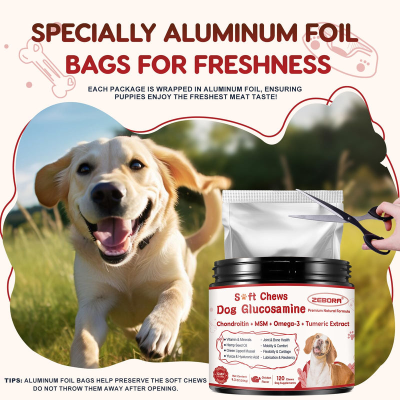 Glucosamine for Dogs, Joint Supplement for Dogs with Chondroitin, MSM, Omega-3, Turmeric and Vitamins for Pain Relief, Dog Joint Supplement with Calcium and Phosphorus for Bone Health, 120 Soft Chews 120 count