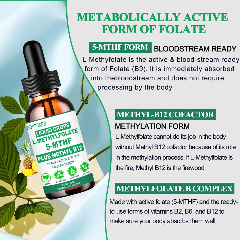 Methylfolate Supplement for Adult Kids, L-MethyFolate 5mthf Plus Methy B12 | Activated Methyl folate Drops w. B6, B2 Multivitamin for Mood Homocysteine Methylation Cognition Energy Nerve Health, Non-GMO