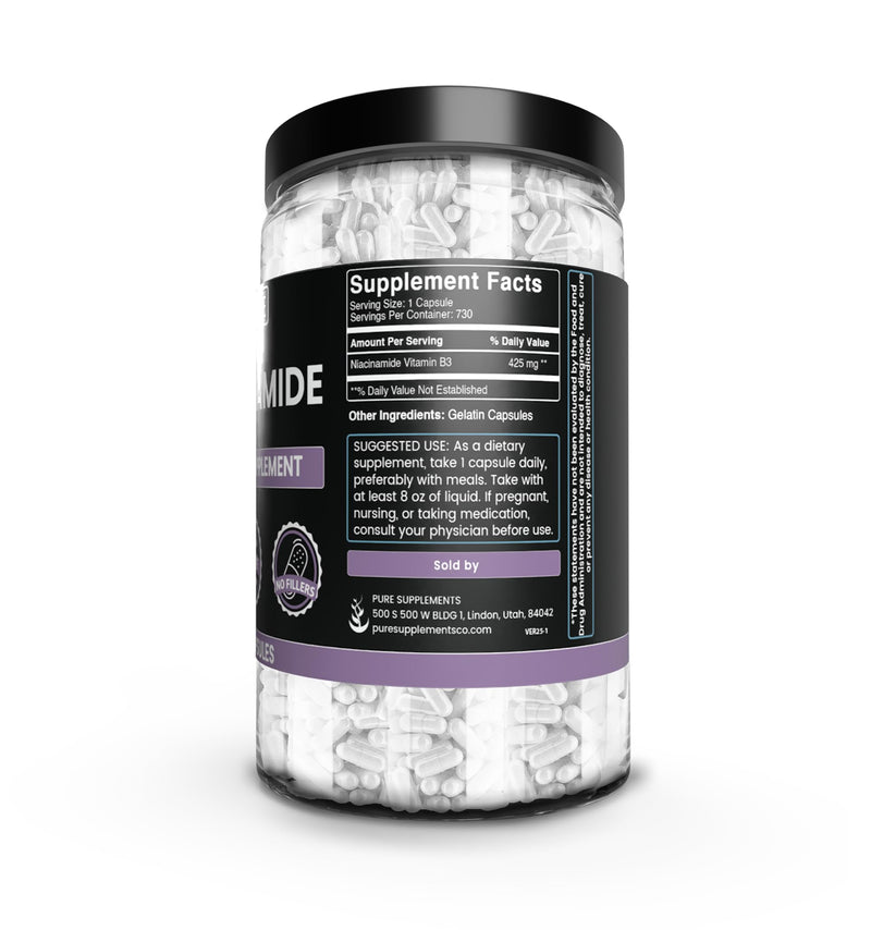 PURE ORIGINAL INGREDIENTS Niacinamide (730 Capsules) No Magnesium Or Rice Fillers, Always Pure, Lab Verified 730 Count (Pack of 1)