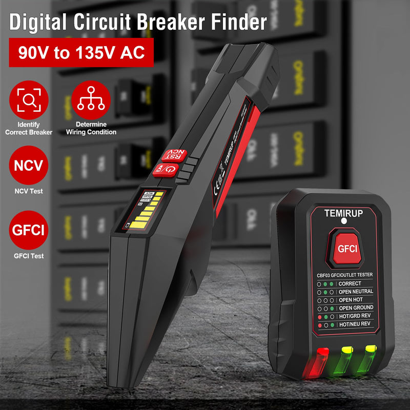 Circuit Breaker Finder with GFCI Outlet Tester, Electrical Circuit Tracer with LCD Display & NCV Test, 90-135V AC Circuit Breaker Finder Tool with Flashlight & Buzzer Alarm, Carrying Case CBF03 circuit breaker finder + 0 Accessories