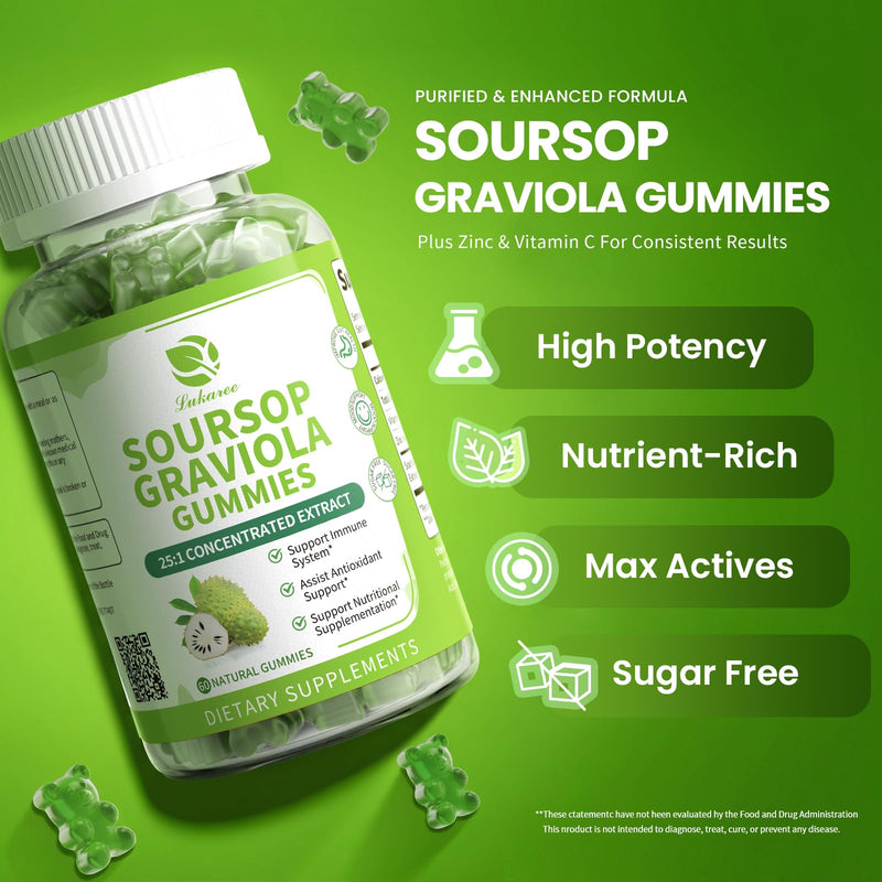 (2 Pack) Soursop Gummies - Soursop Leaves Concentrated Extract for Immune | Herbal Extracts w/Vitamin C, Zinc & Natural Food for Liver, Calming & Antioxidant, Sugar Free, Gluten Free, Vegan, 60 Gummies 60 Count (Pack of 2)