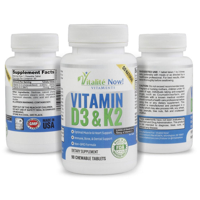 Vitamin D3 2000 IU + K2 - Optimized Absorption in Best Form MK7 | Lung Health, Strong Bones & Healthy Heart - All Natural - Cherry Flavor - 90 Chewable Tablets - 3 Month Supply!