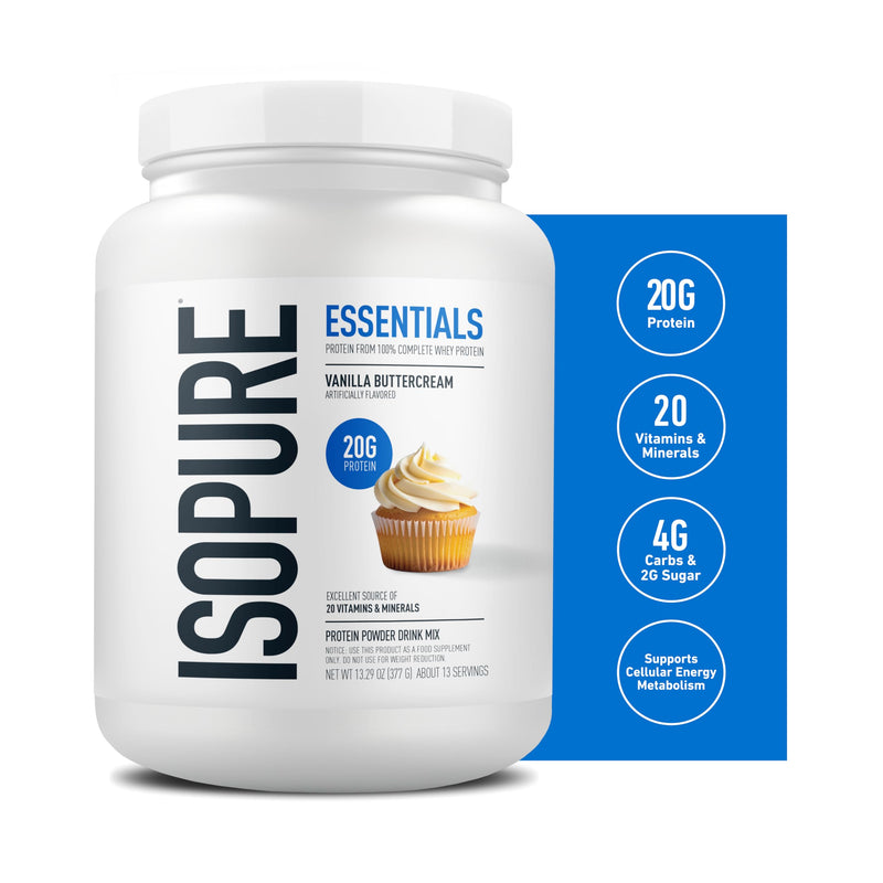Isopure Essentials 100% Whey Protein Powder, with Vitamins, 20g Protein Per Serving, Vanilla Buttercream, 13 Servings (Pack of 1) | 20g Complete Whey Protein Per Serving, with Added Vitamins for Immune Support & Muscle Recovery, Decadent Rich Flavor