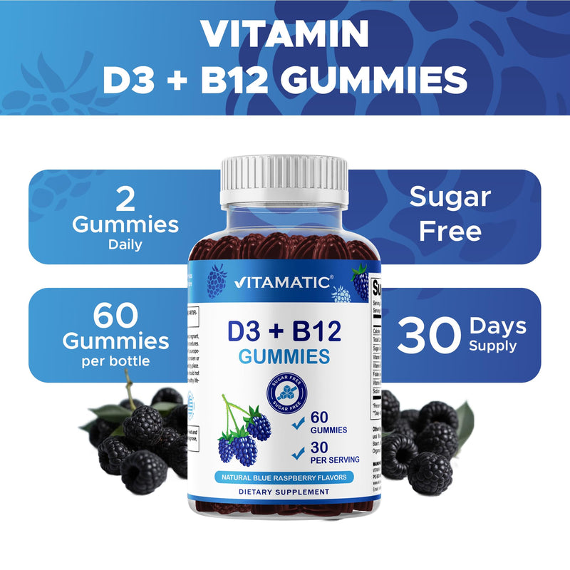 Vitamatic Vitamin D3 + B12 Gummies Made with Folate & Vitamin B6 - Natural Blue Raspberry Flavor – 60 Gummies – Made in the USA