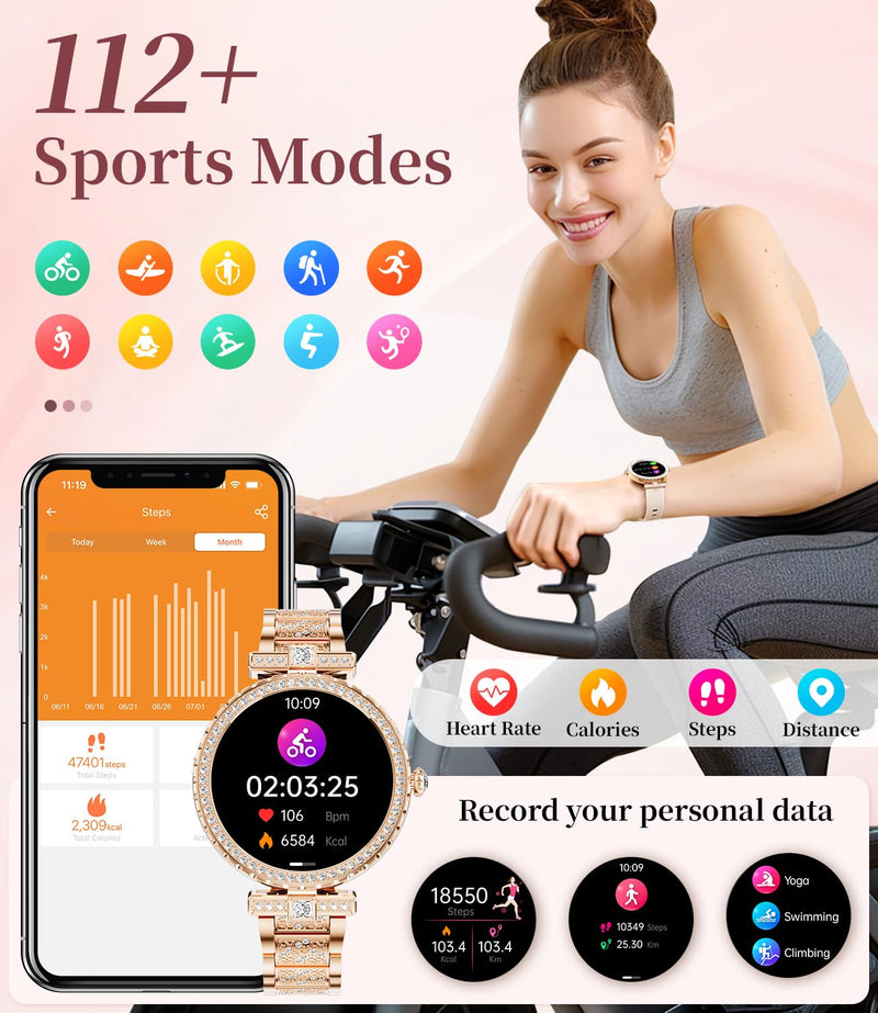 ESFOE Smart Watches for Women,1.19” AMOLED Smart Watch Women Answer Make Calls,IP68 Waterproof Fitness Tracker,Heart Rate Sleep Monitor,100+ Sports Pedometer Watch for Android iOS Phone,Gift,Rose Gold FV8-A(Diamond Metal Gold)
