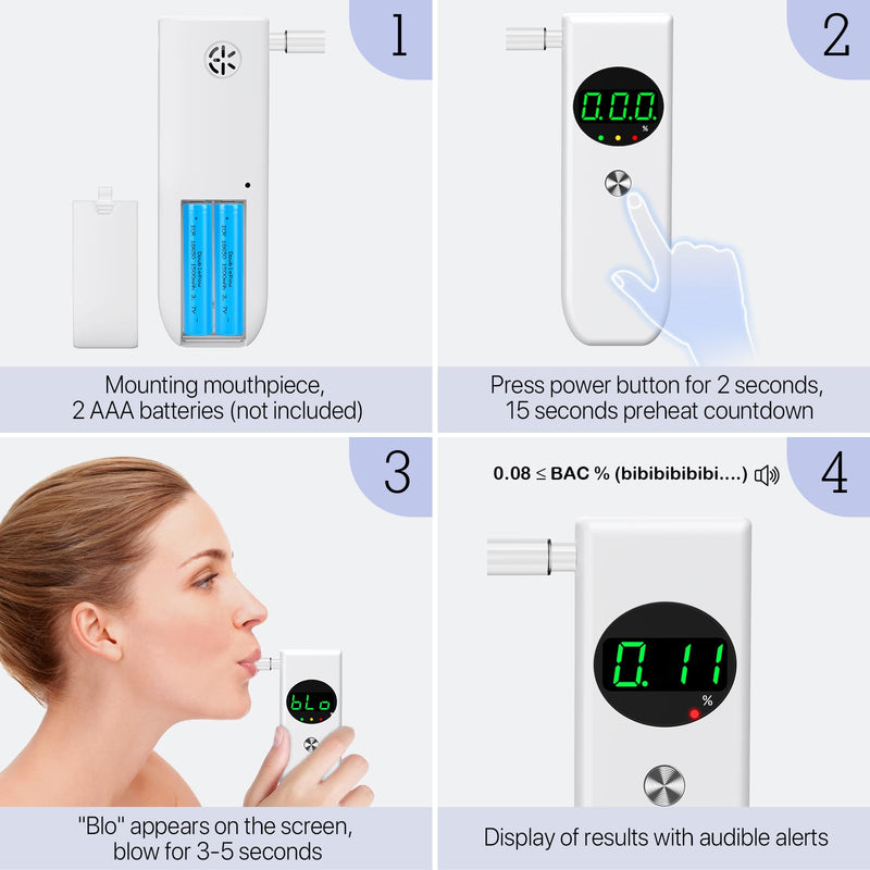 Breathalyzer, Professional-Grade Accurate Alcohol Breathalyzer Tester with LCD Digital Display and 10 Mouthpieces, Portable Alcohol Tester for Home and Party Use (White) White - BeesActive Australia