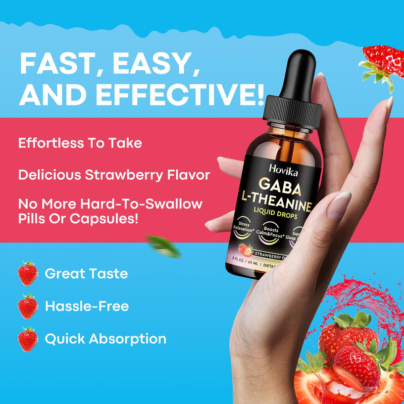 GABA L-Theanine Drops - Liquid GABA L-Theanine Supplement with L-Theanine, Ashwagandha, Magnesium Glycinate, Vitamin C, B6 - Support Sleep, Relaxation, Calm Mood & Focus - Strawberry Flavor, 2 Fl Oz 2 Fl Oz (Pack of 1)