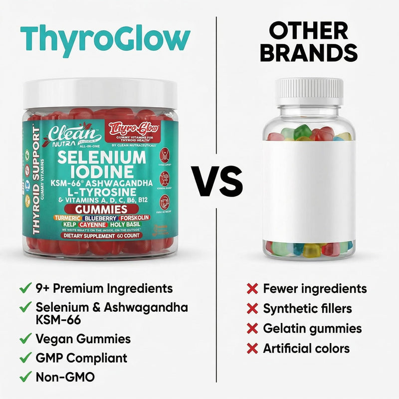 ThyroGlow Thyroid Support Gummies Selenium Iodine KSM 66 Ashwagandha L Tyrosine Vitamin D, C, B12, B6 Turmeric Blueberry Holy Basil Folate Bladderwrack By Clean Nutra