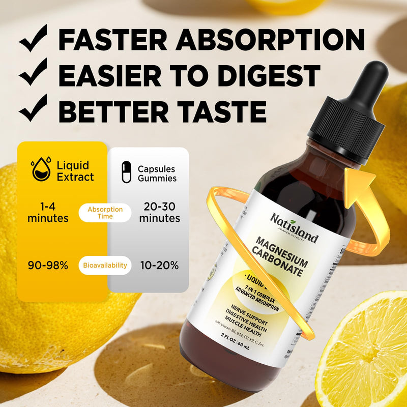 Magnesium Carbonate 500mg Liquid Drops, High Absorption Supplement with Vitamin C, D3, K2, B6, B12, Zinc for Digestive System Health, Nerve & Muscle Function, Vegan, Non-GMO, Lemon Flavor, 2 FL OZ