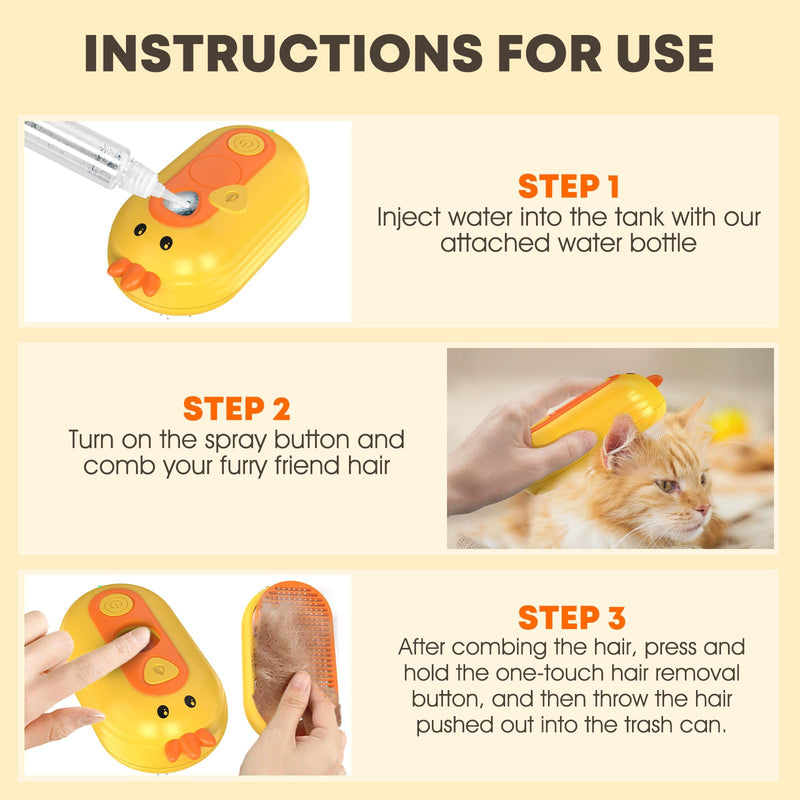 Cat Steam Brush for Shedding, Steam Brush for Cats with Release Button, 3in1 Self Cleaning Cloud Care Cat Hair Brush, Rechargeable Cat Deshedding Brush with Steam for Long & Short Haired Cats and Dogs Yellow - BeesActive Australia