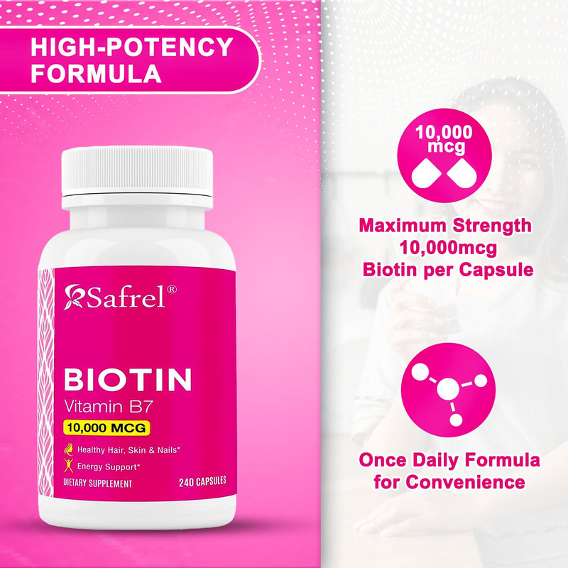 Safrel Biotin (Vitamin B7) 10,000mcg (10mg) Vitamin Supplement, 240 Capsules - Vegetarian, Gluten Free, Quick Release, Non-GMO