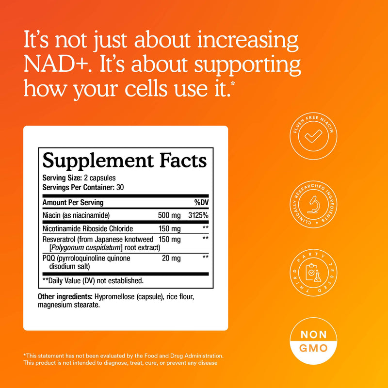 MitoQ NAD+ Dual Action Supplement - NAD+ Supplement with Nicotinamide Riboside (NR), Niacinamide, Resveratrol, & PQQ - Supports Cellular Energy, Focus, Mental Clarity, & Healthy Aging (60 Capsules)