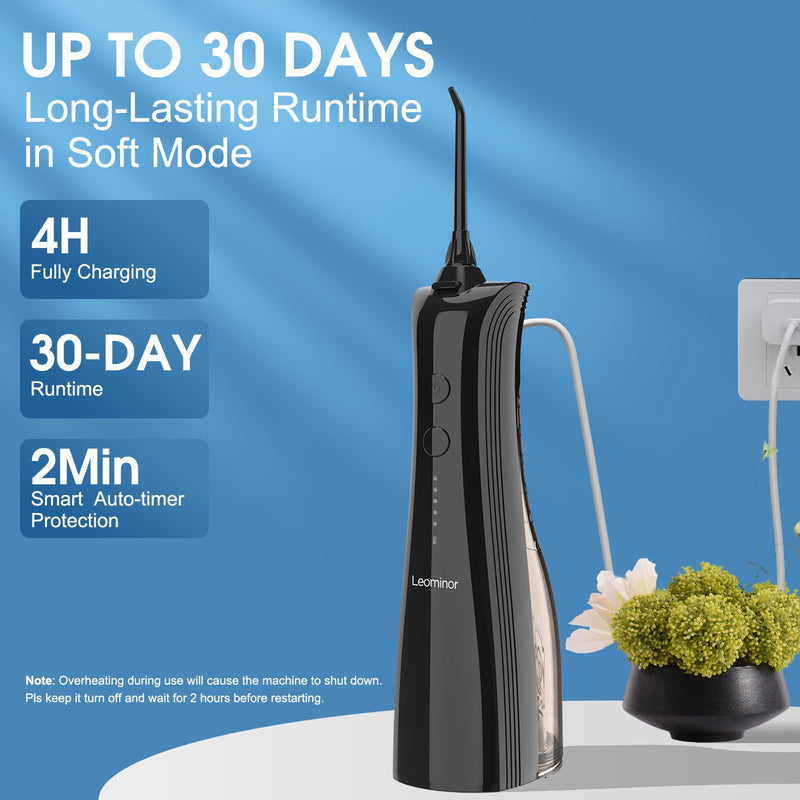 Leominor Water Dental Flosser - 5 Modes Cordless Portable Oral Irrigator, IPX7 Waterproof, Rechargeable Teeth Cleaner Upgrade Datchable Tank Professional Flossing Cleaning Pick for Home Travel (Black) 230ml Black