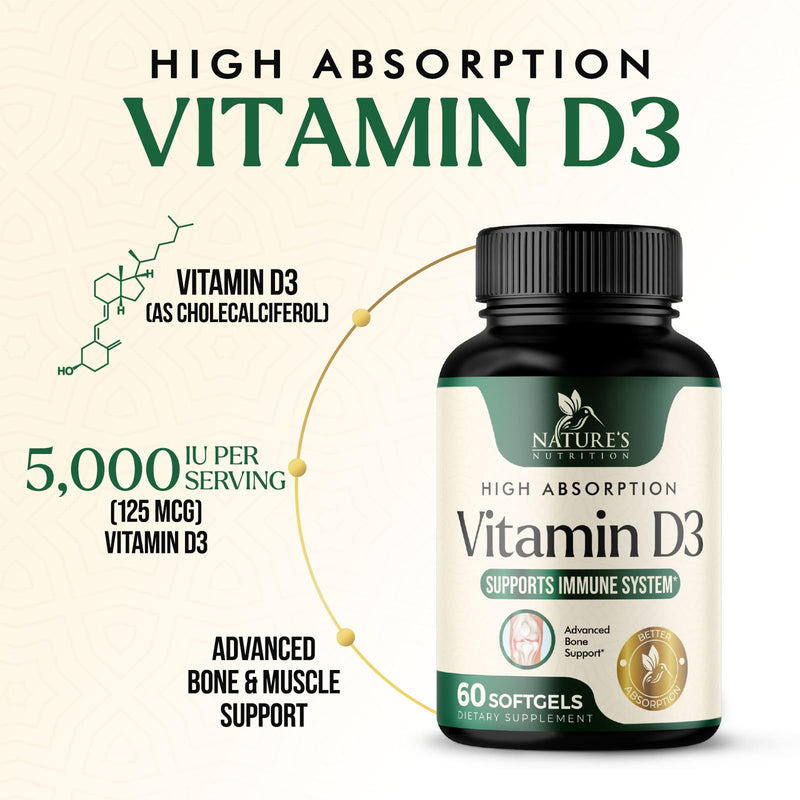 Vitamin D3 5000 IU 125 mcg Per Serving - Extra Strength Vitamin D for Bone Health, Teeth, Muscle & Immune Support - High Absorption D3 Supplement - Non-GMO Gluten Free - USA Bottled - 60 Softgels 60 Count (Pack of 1)