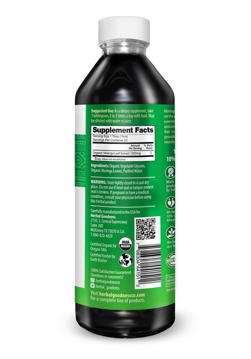 Herbal Goodness Organic Moringa Leaf Extract Liquid 12 Fl. oz - Tincture | Energy & Immune Support, Organic and Highly Bioavailable Alternative to Moringa Capsules & Powder Organic, Non-GMO