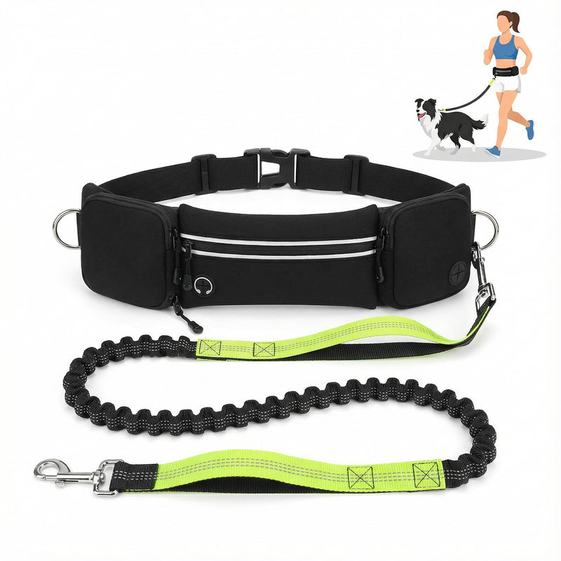 Hands Free Dog Leash 3 Zip Pounchs with Reflective Strips Poop Bag Dispenser,Waist Belt Fanny Pack Waterproof,Dual Handles and Durable Bungee for Dog Walking,Jogging and Running (black-green) black-green - BeesActive Australia