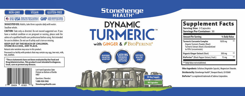Stonehenge Health Dynamic Turmeric Curcumin with Ginger - High Potency - 1,650 mg Turmeric with 95% Curcuminoids & BioPerine, Supports Joint Pain & Inflammation, 90 Vegetarian Capsules - BeesActive Australia