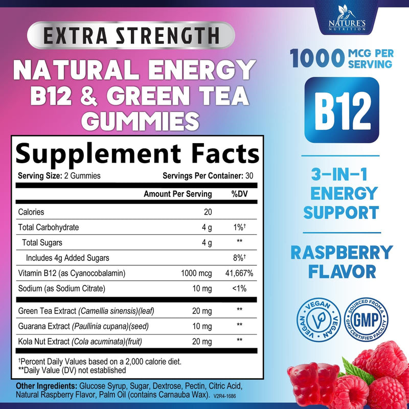 Energy Gummies - Vitamin B12 1000 mcg Per Serving - Daily Energy Chews with Natural Caffeine from Green Tea, Berry Flavored B12 Gummy Exercise Supplement for Running Cycling & Sports - 60 Gummies 60 Count (Pack of 1)