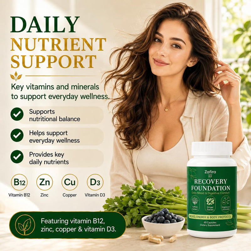 Zafira Organics Recovery Foundation Capsules, Saffron Extract Supplement with L-Theanine, Myo-Inositol, Magnesium Bisglycinate & Ginger for Mood, Focus & Daily Wellness Support, 60 Capsules