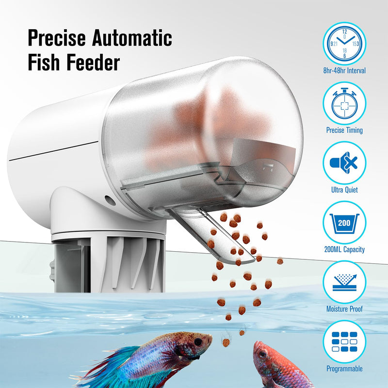 Automatic Fish Feeder Dispenser for Aquarium, 200ml Large Capacity Auto Turtle Fish Feeder for Small Tank, Battery Powered Food Feeding Timer for Flakes Pellet Vacation, Batteries Included - BeesActive Australia