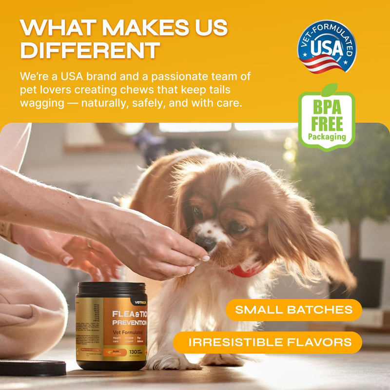 Flea and Tick Prevention for Dogs - with Neem 9,750 mg per Pack - No Chemicals - Flea and Tick Control Oral Pills for All Dogs and Puppies - Chewable Skin and Coat Supplement - 130 Soft Duck Treats Flea Support Chews - 130 count