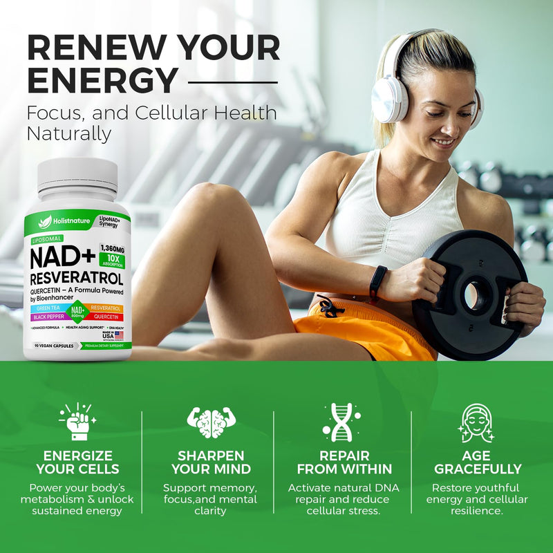 NAD+ Supplement, 1,360mg Max Strength Liposomal | Resveratrol, Quercetin, Green Tea | Cellular Energy & Healthy Aging for Men & Women | 800mg of 100% High Purity NAD+ for Energy, Focus - 90 Capsules