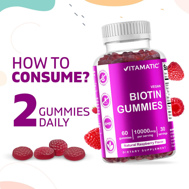 Vitamatic Biotin Gummies 10,000 mcg for Stronger Hair, Skin & Nails - 60 Vegan Gummies - Also Called Vitamin B7 (1 Bottle) 1 Bottle - BeesActive Australia