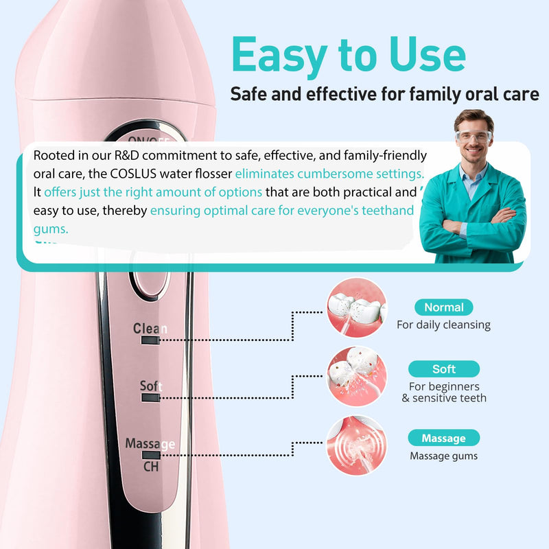 COSLUS Water Dental Flosser Teeth Pick C20(F5020E): Portable Cordless Oral Irrigator 300ML Rechargeable Travel Irrigation Cleaner IPX7 Waterproof Electric Flossing Machine for Teeth Cleaning, Pink