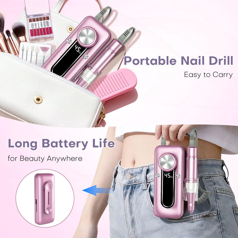 TUOBEO Nail Drill Electric Nail File Kit 45000 RPM Professional Efile Nail Set,Cordless Portable Rechargeable Acrylic Gel Nail Polish Remover Machine Pedicure Manicure Tool with 11 Bits for Salon Home Pink Purple