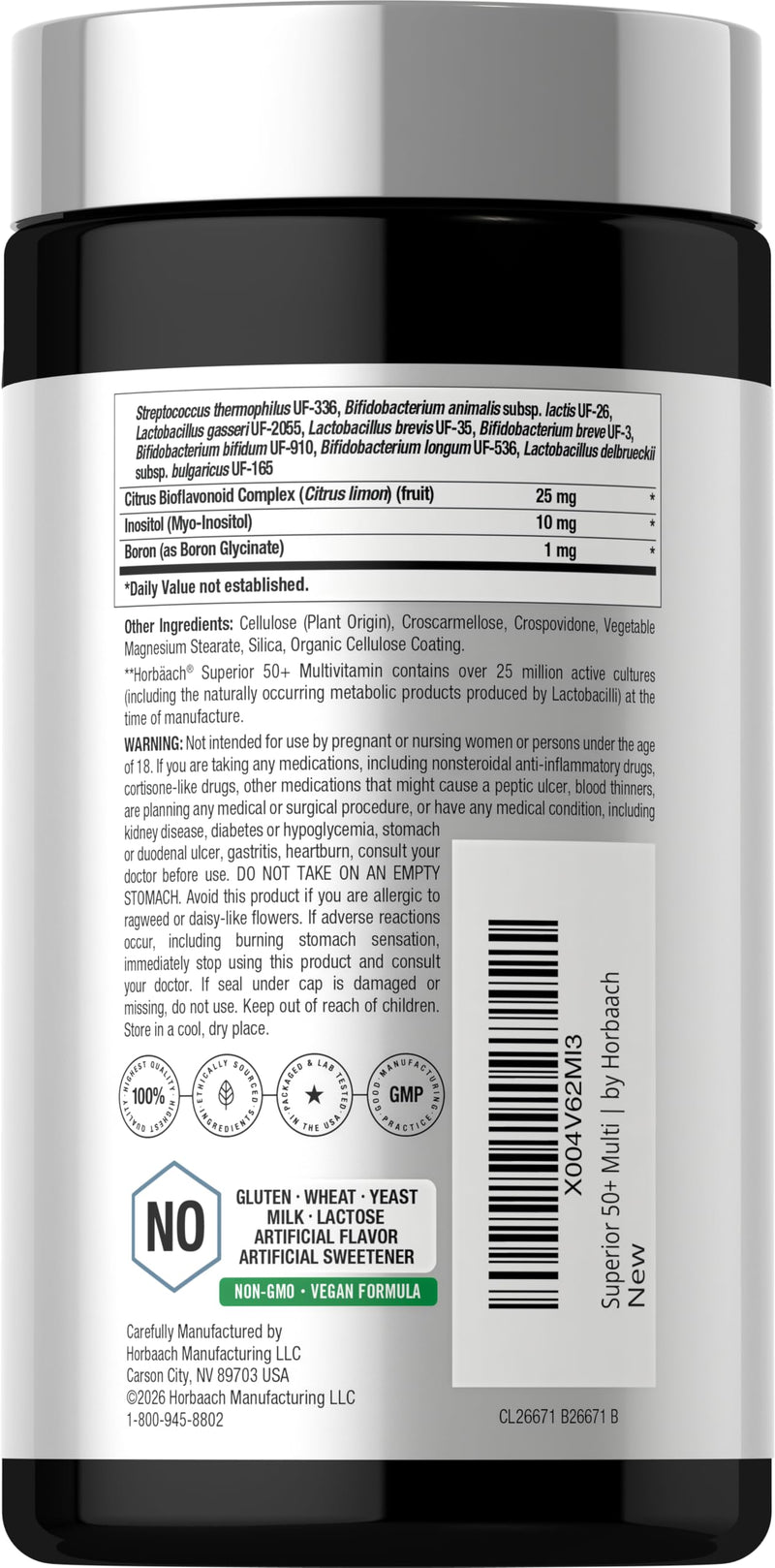 Horbäach Multivitamin for Men and Women Over 50 | 120 Caplets | Daily Supplement for Adults | with Coq10, Probiotics & Digestive Enzymes | Vegan, Non-GMO, Gluten Free Formula