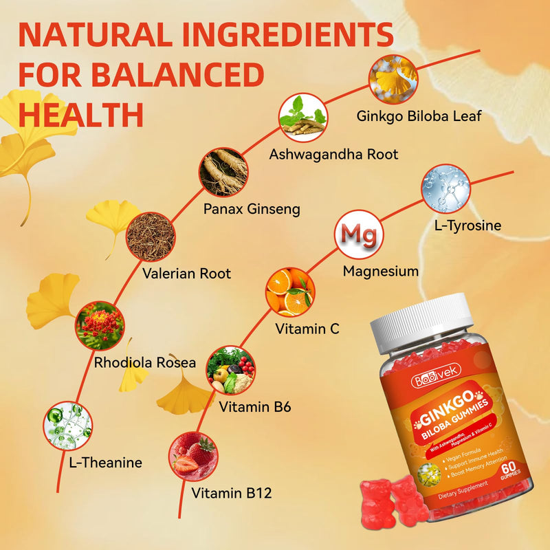 Ginkgo Biloba Gummies with Ashwagandha, Vitamin C & Magnesium - Vegan, Non-GMO, Gluten-Free - Raspberry Flavor, 60 Count