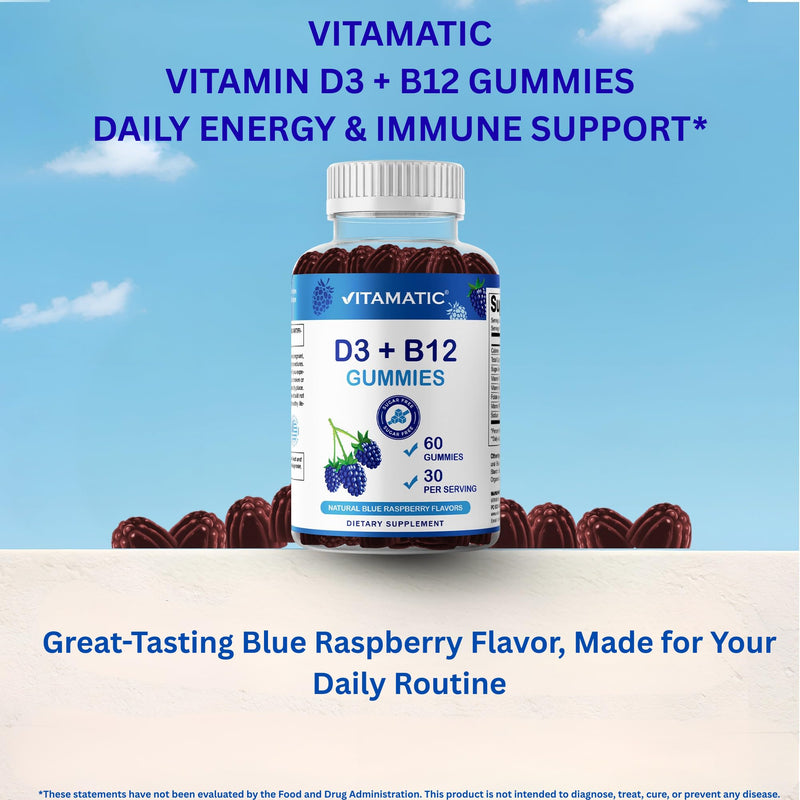 Vitamatic Vitamin D3 + B12 Gummies Made with Folate & Vitamin B6 - Natural Blue Raspberry Flavor – 60 Gummies – Made in the USA